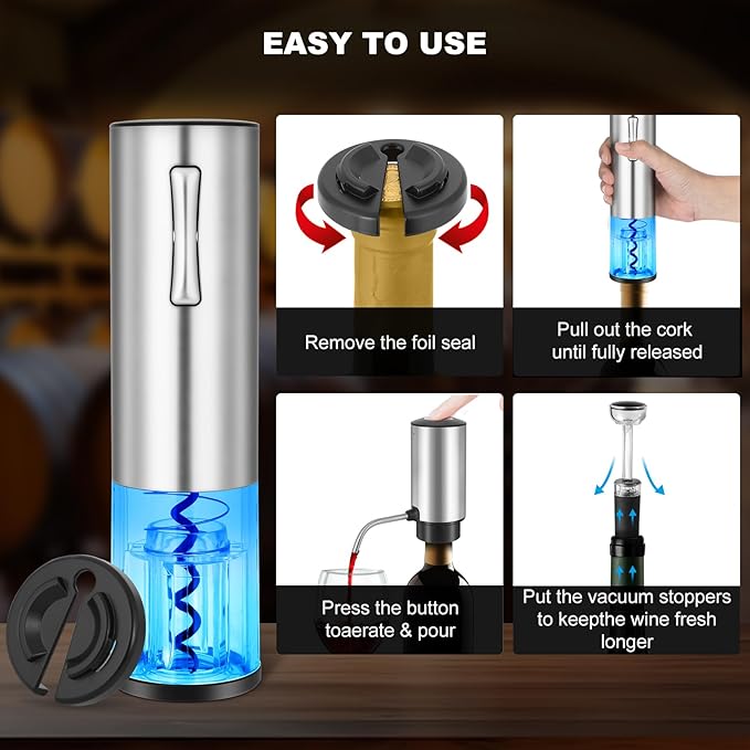 Electric Wine Opener with Electric Decanter and Aerator, Rechargeable Electric Wine Bottle Opener, Stainless Steel Wine Accessories with Foil Cutter, Electric Aerator, Vaccum Stopper
