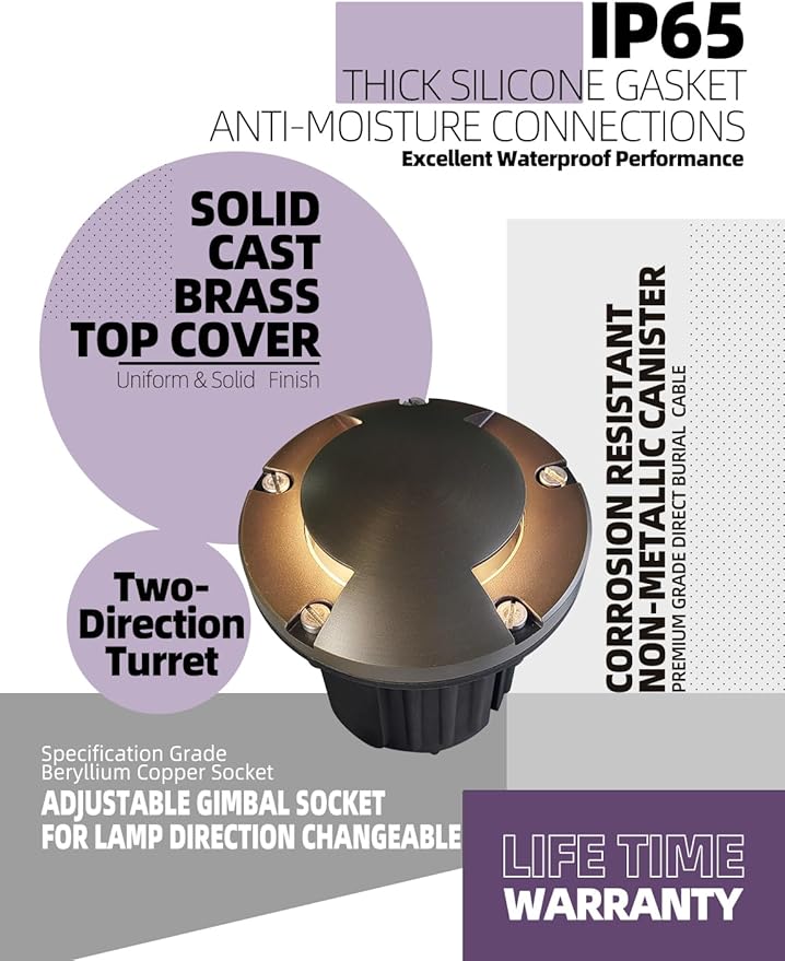 MALORY Brass Top Cover Landscape Well Lights,(6''H) 12V Low Voltage Outdoor In Ground Lights,Landscape Lighting for Pathway, Driveway and Garden (Two-Direction Turret, 10-Pack with Bulb)