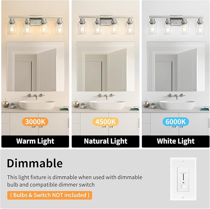 Bathroom Vanity Light, 4-Light Nickel Modern Matte Wall Sconce Lighting with Clear Glass Shade, Wall Lights,Bath Vintage Wall Mounted Lamps for Mirror Bedroom Living Room