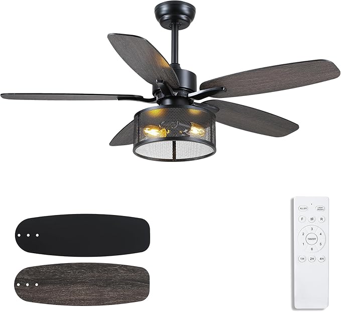 48" Black Farmhouse Ceiling Fan with Light and Remote, Industrial Cage Design, Rustic Flush Mount for Bedroom Living Room, E26 Base, DC Motor, 6-Speed Reversible with Timer, Dual Blades