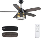 48" Black Farmhouse Ceiling Fan with Light and Remote, Industrial Cage Design, Rustic Flush Mount for Bedroom Living Room, E26 Base, DC Motor, 6-Speed Reversible with Timer, Dual Blades