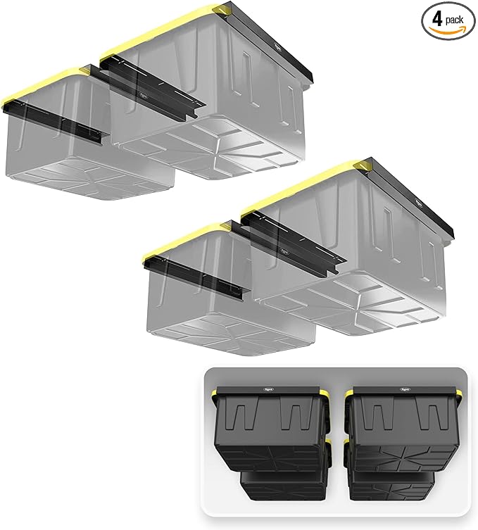 Koova Heavy-Duty Overhead Garage Storage Rack for 4 Bins. Adjustable Width, 160lb Capacity. DIY Safe Ceiling Mount, Easy Install. Fits 27-Gallon Totes. USA Made Pro-Grade Steel. Space Saving Organizer