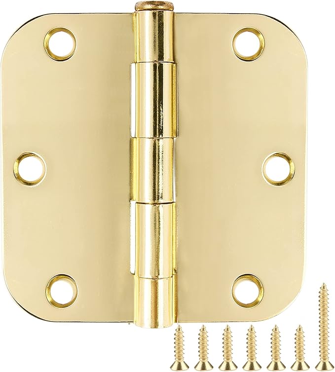 18 Pack Interior Door Hinges Polished Brass 3.5 inch X 3-1/2" 5/8 Radius,3 ½"Gold Round Standard Hinge for Single Doors DIY Assembly Bi-fold Table Hardware Kit House Accessories Home Eseentials