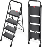 KINGRACK 4 Step Ladder,Folding Step Stool with Handrail, Anti-Slip Wide Pedals, Safe-Lock Design, Pass 800lbs Load Testing, Foldablel Step Stool for Home, Kitchen, Black