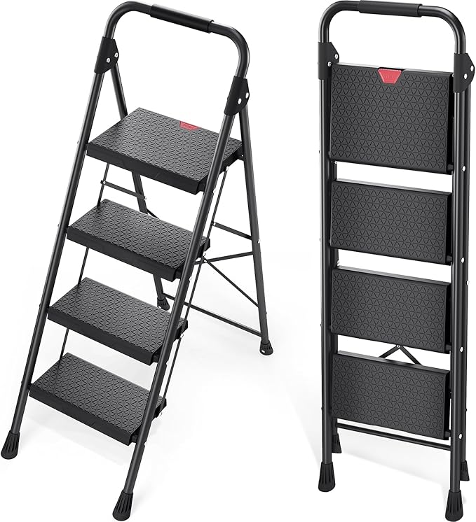 KINGRACK 4 Step Ladder,Folding Step Stool with Handrail, Anti-Slip Wide Pedals, Safe-Lock Design, Pass 800lbs Load Testing, Foldablel Step Stool for Home, Kitchen, Black