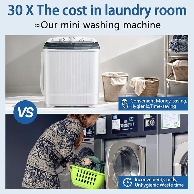 Portable Mini Twin Tub 32lbs Washing Machine With Drying Rack& 10 Hangers, 20lbs Washer & 12lbs Spinner, Small Laundry Washer with Time Control for Camping, Apartments, RV (32lbs)