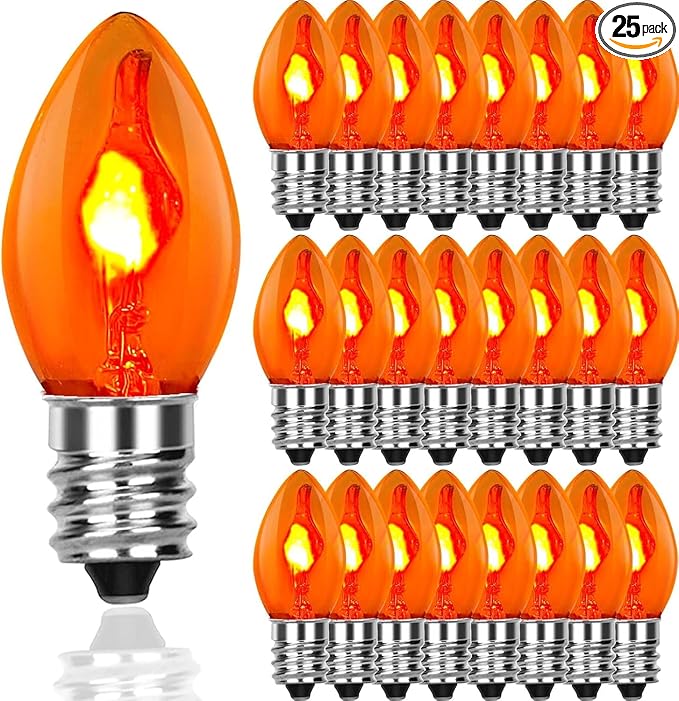 Orange C7 Flickering Flame Bulb,1W Halloween Chandelier Flickering Light Bulbs with Orange Glow That flickers,C7/E12 Candelabra Base (25 Pack)