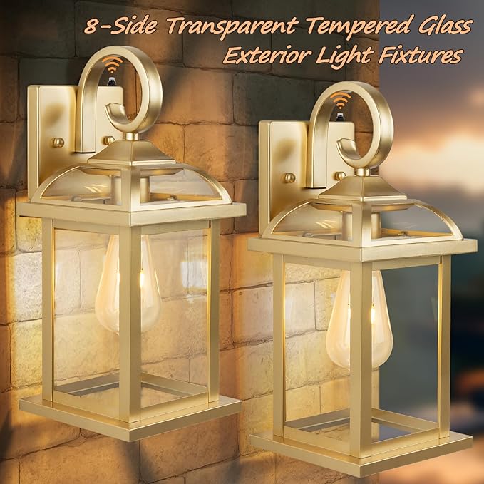 Dusk to Dawn Gold Porch Light 2-Pack 15 Inch, Aluminum Anti-Rust Large Outdoor Wall Lanterns with IP65 Waterproof Clear Glass Brass Outdoor Lights for House Photocell Patio Carriage Lights