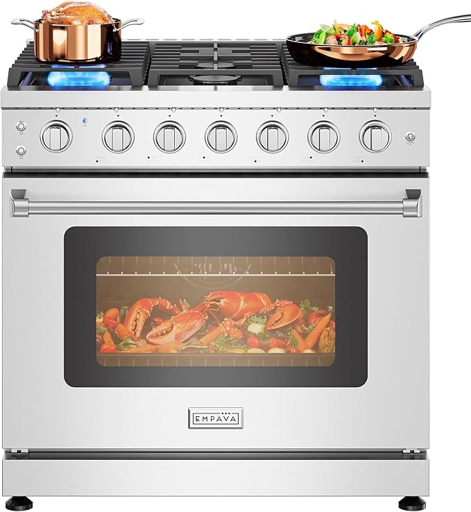 Empava 36 Inch Gas Range with 6.0 Cu. Ft. True Convection, 18,000 BTU Power Searing, 6 Sealed Burners, Convertible NG/LP, Stainless Steel Stove with Oven, CSA Certified