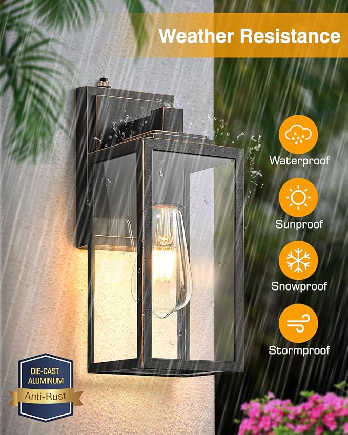 VIANIS Dusk to Dawn Exterior Wall Lights, Black Gold Modern Outdoor Wall Lighting Lantern, Waterproof Garage Lamp Sconce for House Patio, 100% Aluminum Front Porch Light Wall Mount Fixture, E26 Socket