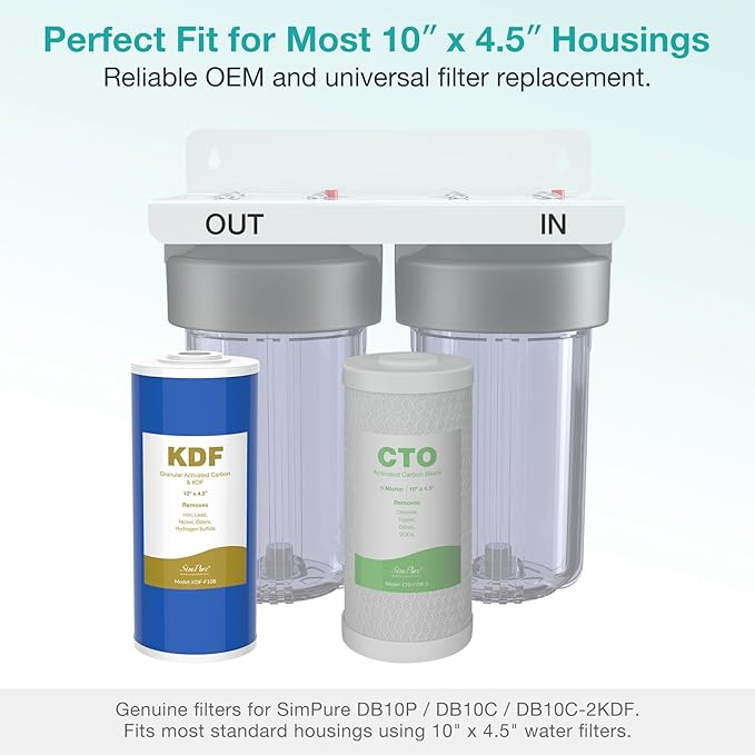 SimPure 10" x 4.5" Carbon and KDF Filters, Whole House KDF/GAC Water Filter Cartridge Replacement for DB10C-2KDF, DB10P (2 Pack)
