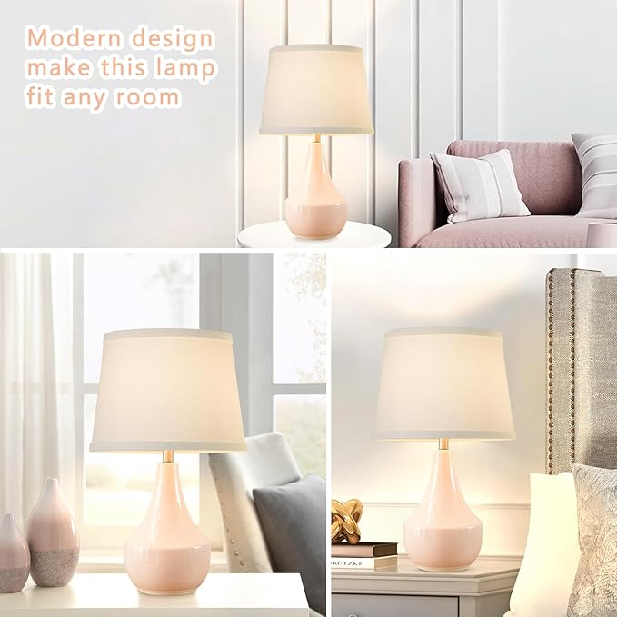 GyroVu Table Lamp Set of 2, 18.63” Ceramic Lamp Classic Beside Lamps Nightstand Lamp Modern Bedside Lamp for Living Room, Bedroom & Office Rocker Swtich Pink-LED Bulbs Included