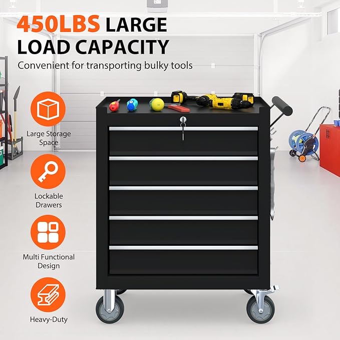 5-Drawer Rolling Tool Chest, Tool Box with 4 Wheels and Drawers, High Capacity Detachable Mobile Tool Storage Cabinet for Garage, Workshop, Mechanics and Repair Room (Black)