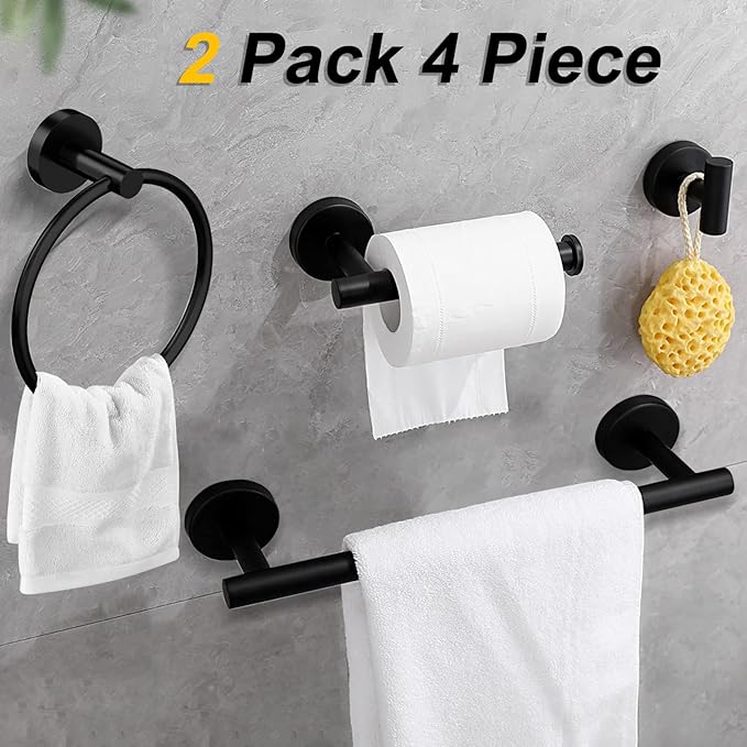Cilee 8 Piece Matte Black Bathroom Hardware Set, 24inch Bathroom Towel bar+Towel Ring+Toilet Paper Holder+ Robe Towel Hook, SUS304 Stainless Steel Bathroom Accessory Set