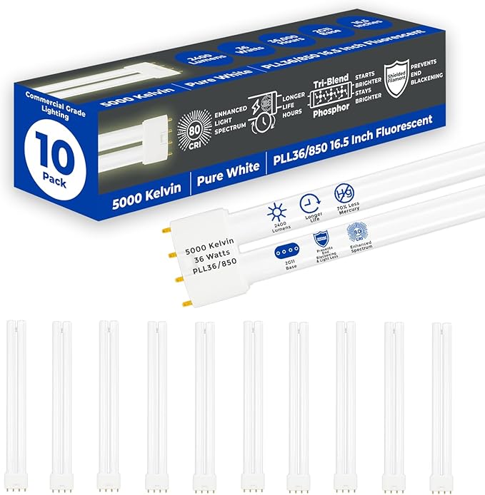 GoodBulb PLL36/850 36W 16.5" Twin Tube Compact Fluorescent Light Bulb 4-pin 2G11 Base 5000K Daylight 2400 Lumen 36000 Hour Long Life Biax Pack of 10
