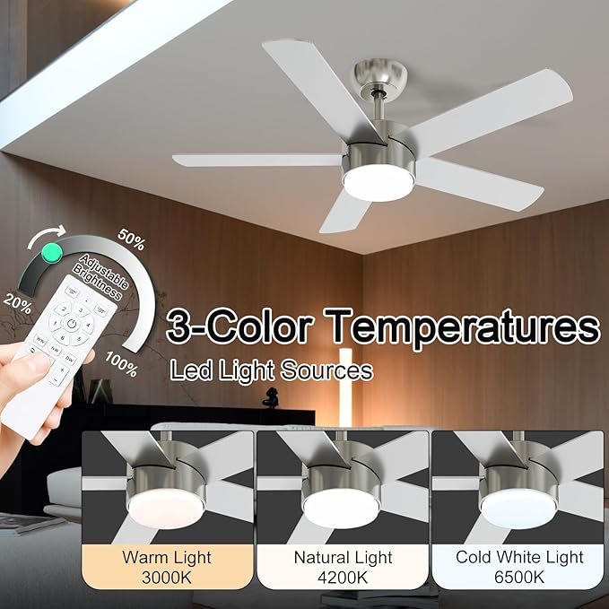 42 Inch Brushed Nickel Ceiling Fans with Lights,Ceiling Fan with Remote Control,Reversible DC Motor,3 CCT 6-Speed,Noiseless Ceiling Fan for Bedroom,Living Room,Dining Room,ETL Listed