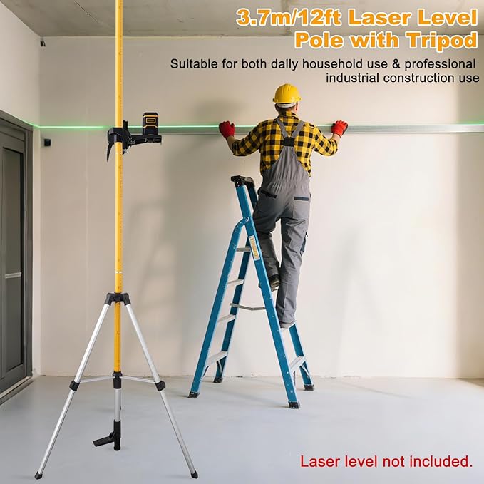 Laser Level Pole with Tripod, Professional 12 Ft./3.7M Telescoping Pole Laser Stand Tall Mount for Rotary Line Lasers, Aluminum Material with 1/4" & 5/8" Threaded Mount Adapter, with Bag