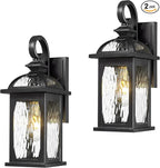 zeyu 2 Pack Outdoor Wall Lamps, 15-inch Black Exterior Light Fixtures for Patio House, Die-Cast Aluminum with Water Ripple Glass, Black Finish, ZD100B-2PK BK-WP