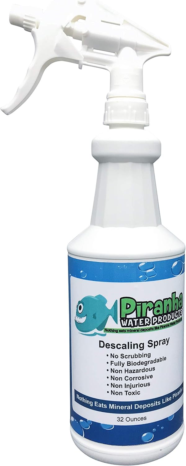 Piranha Water Pool Tile and Shower Calcium Descaling Spray - Biodegradable Rust Mineral Buildup Remover - Multi-Surface Lime Removal Spray - 32 oz