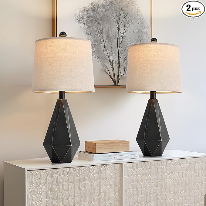 PoKat 20.25'' Table Lamps Set of 2, Bedside Lamp for nightstand, Small Farmhouse Lamps for Bedroom, Black Bedroom Lamps for Living Room, Nursery, Black, Suitable for Small Place