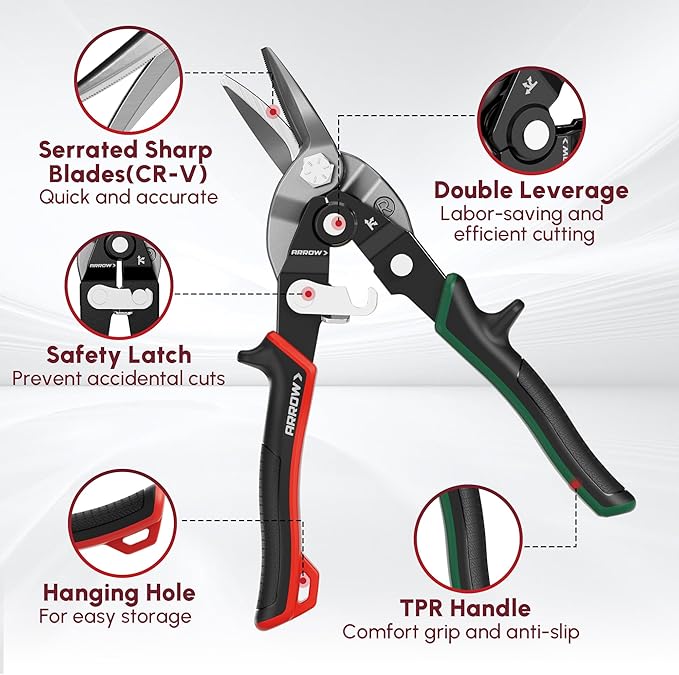 ARROW 8-inch Tin Snips for Cutting Metal Sheet, CR-V Steel Aviation Snips, High Leverage Labor-saving Metal Cutter, Right Cut