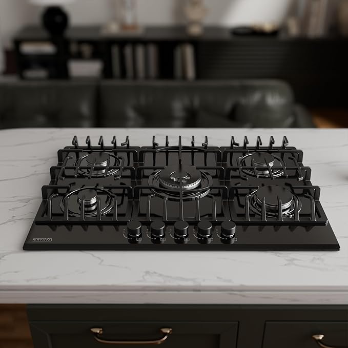 Empava 36" Bulit-in Tempered Glass Gas Cooktops 5 Italy Imported Sabaf Burners Stove Tops, 36 Inch, Black