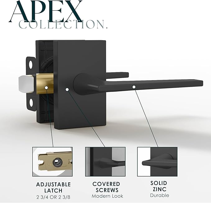 Mega Handles Apex Passage Door Handle - 1 Pack Reversible Black Door Handle, Heavy Duty No Lock Door Handles Interior for Closet & Hallway, Fits All Standard Door Sizes - Matte Black