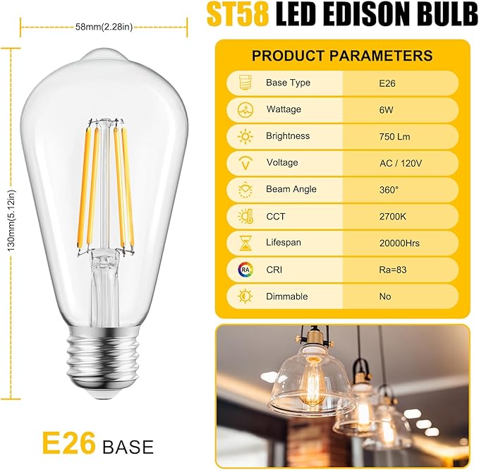 Brightown 12 Pack LED Edison Bulbs, 6W, Equivalent 60W, High Bright 2700K Warm White,750 Lumens, Non-Dimmable, E26 Medium Base ST58 Antique Filament Bulbs with 83+ CRI for Ceiling Fan Bathroom Porch