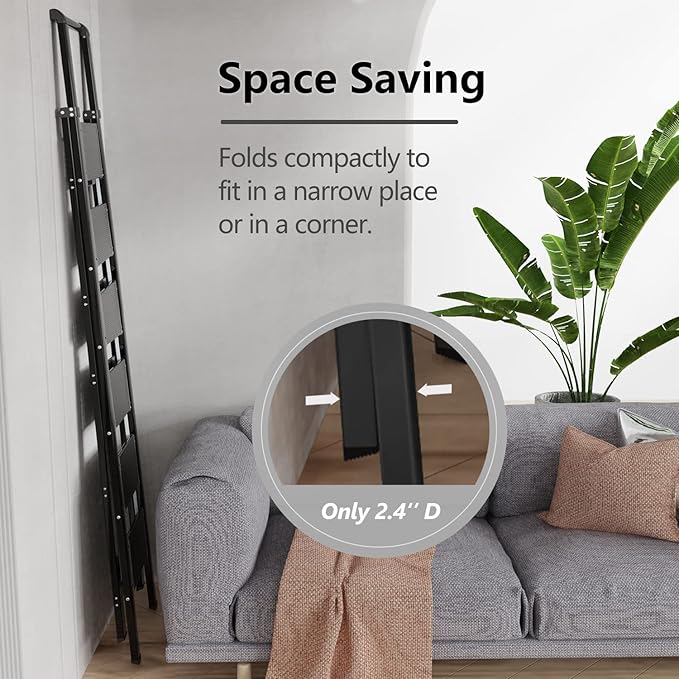 GameGem 6 Step Ladder for 12 Feet High Ceiling, Lightweight Aluminum Folding Step Stool with Convenient Handgrip, Stepladders with Anti-Slip and Wide Pedal for Home Use Space Saving - Black