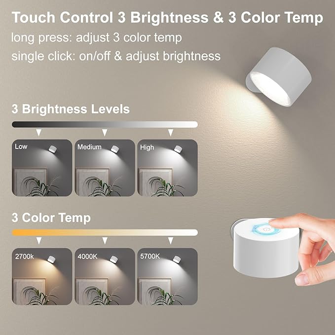 Koopala 2PACK LED Wall Lamps with Rechargeable Battery Operated, Wall Mounted Lights with 3 Brightness 3 Color Temp Removable Charging 360°Rotate Magnetic, Cordless Wall Sconces for Reading Bedside