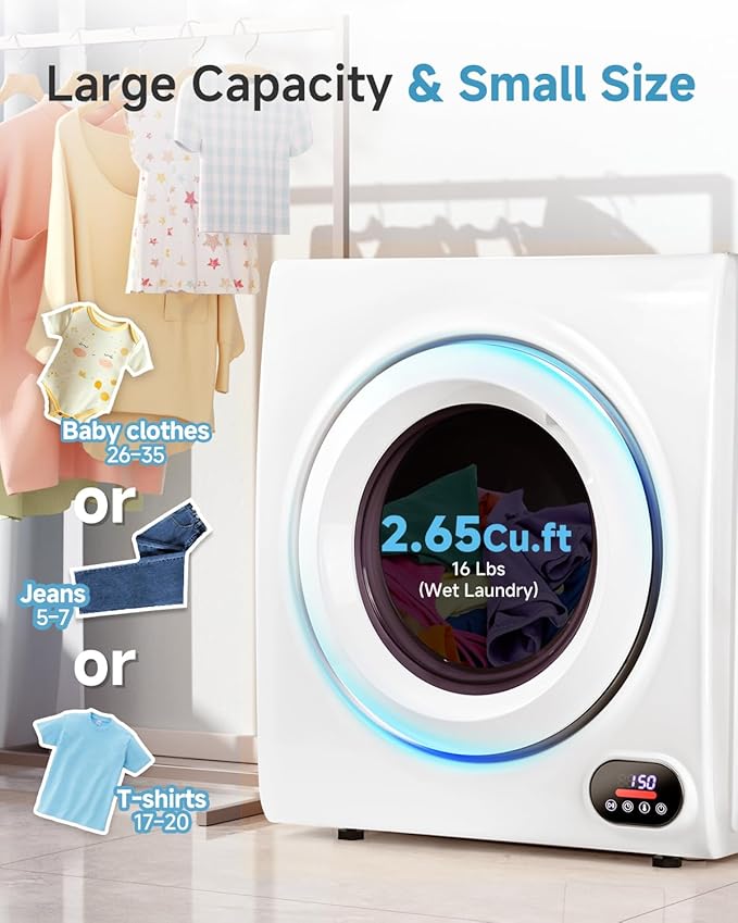 2.65 Cu.Ft Portable Clothes Dryer - 1400W Clothes Dryer with Stainless Steel Tub, Front Load Tumble, LCD Touch Panel - Compact Drying Unit for Laundry, Apartments, Dorms