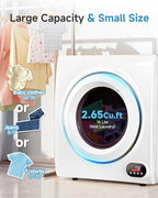 2.65 Cu.Ft Portable Clothes Dryer - 1400W Clothes Dryer with Stainless Steel Tub, Front Load Tumble, LCD Touch Panel - Compact Drying Unit for Laundry, Apartments, Dorms