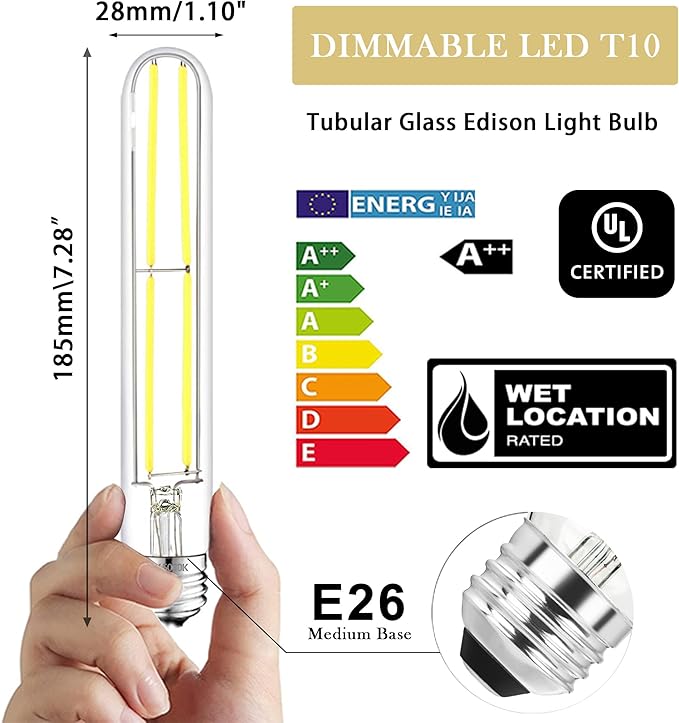 7.3 Inch E26 Led Bulb 6W Dimmable, 5000K Daylight Edison Bulbs 800LM, Equal 80 Watt Tubular T10 T9 Long Clear Glass Light Bulb for Pendant Pipe Wall Sconces Chandeliers - 2Pack