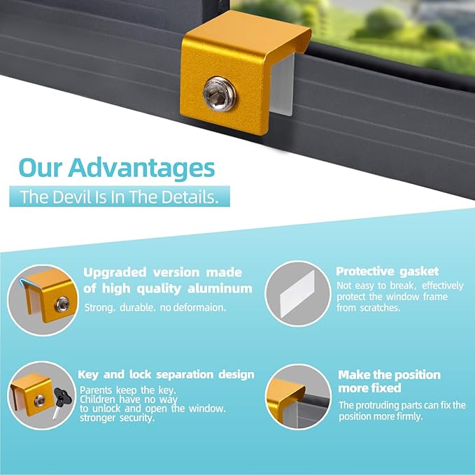 Window Locks for Up and Down Windows 4 Pack Window Stopper Sliding Window Lock for Vertical Horizontal Sliding Windows Doors with Key Aluminum Window Security Locks Child Proof(Golden Small)