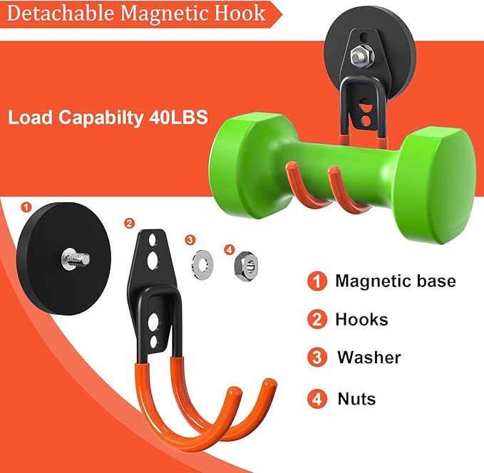 Heavy Duty Storage Magnetic Utility Hooks Large Garage Magnet Hooks with Anti-Slip Coating for Metal Cabinet,Pegboard,Garage Shelve,Garden Tools (4PCS 2.59'' Orange)