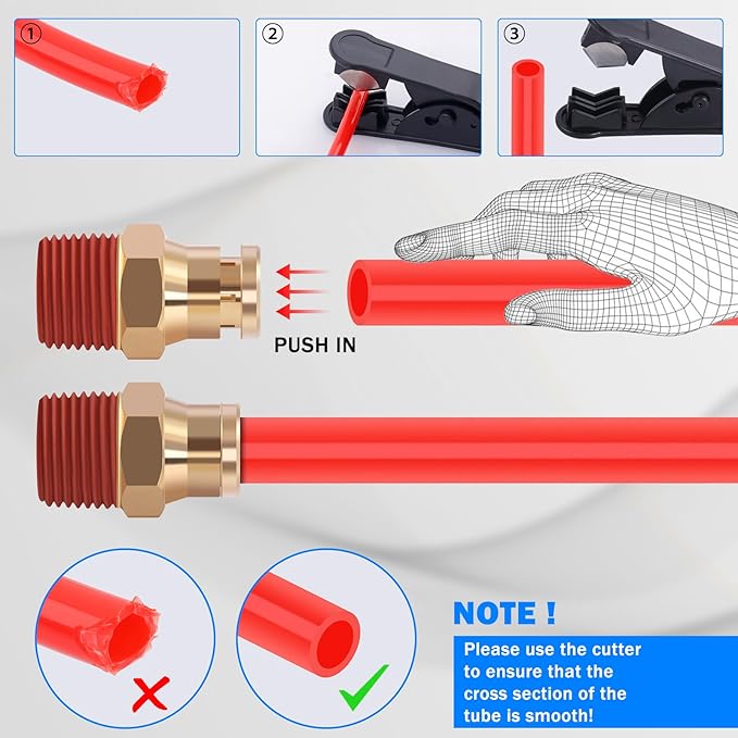 CheeMuii 76 PCS Brass DOT Air Line Fittings with 100FT 1/4" and 50FT 3/8" Red DOT Air Lines Kit Push Lock Air Line Quick Connect Fittings with Pneumatic Tubing Set