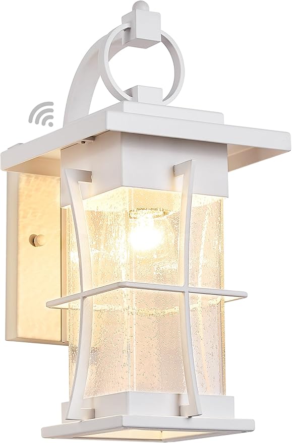 White Outdoor Wall Light Dusk to Dawn Lantern Exterior Fixtures Wall Mount Porch Sconce Light with Photocell Sensor Waterproof Modern Outside House Lighting for House, Patio, Garage, E26 Base