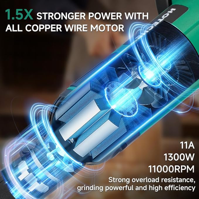 Hoteche 5-Inch Angle Grinder 11-Amp Heavy Duty Variable Speed Power Grinder Corded Electric Grinding & Cutting Tool for Metal, Quick-Change Disc Compatible(Tool Only)