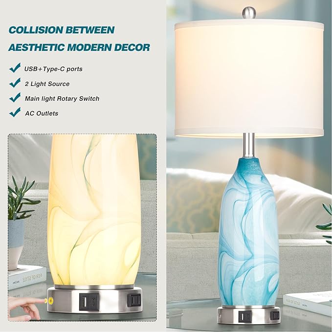 26" Coastal Table Lamps Set of 2, Modern Table Lamps with USB A+C Ports & AC Outlet, Touch Control Glass Bedside Nightstand Lamp with Night Light for Living Room Bedroom End Table Blue(Bulbs Included)