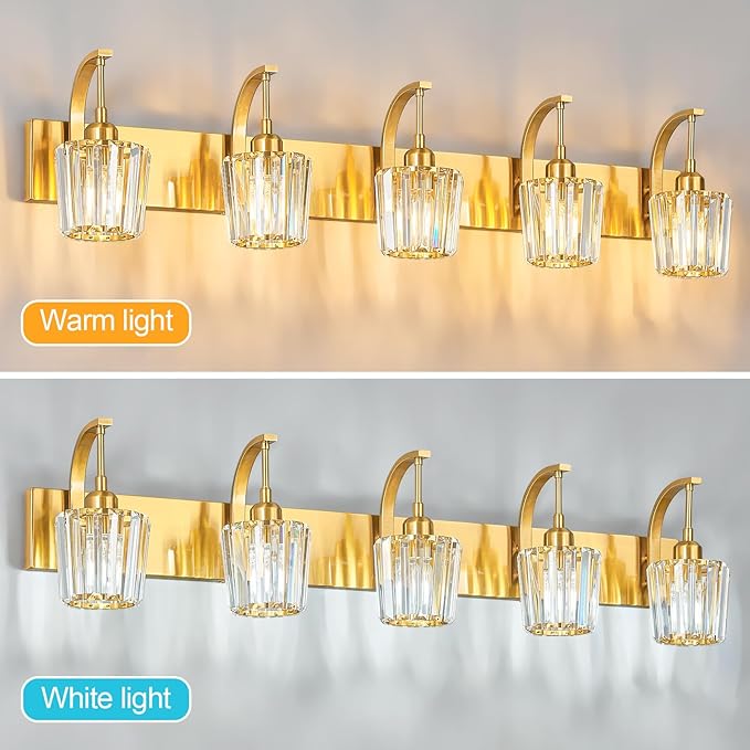 Modern Bathroom Vanity Light, 5-Light Gold Wall Sconce with Crystal Accents, Over Mirror Bathroom Lighting Fixture, 42.52" Long Dimmable Vanity Lamp for Makeup, Easy Installation