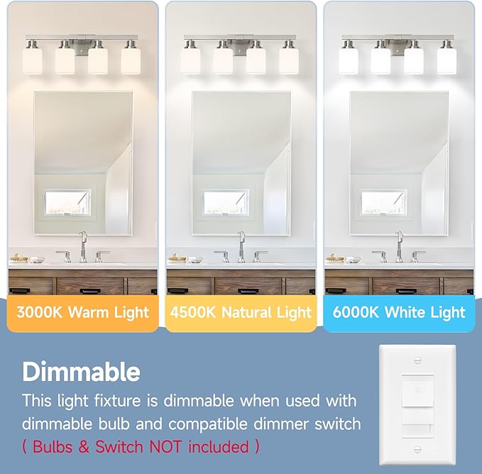 4-Light Bathroom Vanity Light,Brushed Nickel Vanity Lights with Square Frosted Glass,Modern Bathroom Wall Lights Fixtures Over Mirror,Wall Sconces Lighting for Bedroom Living Room,E26
