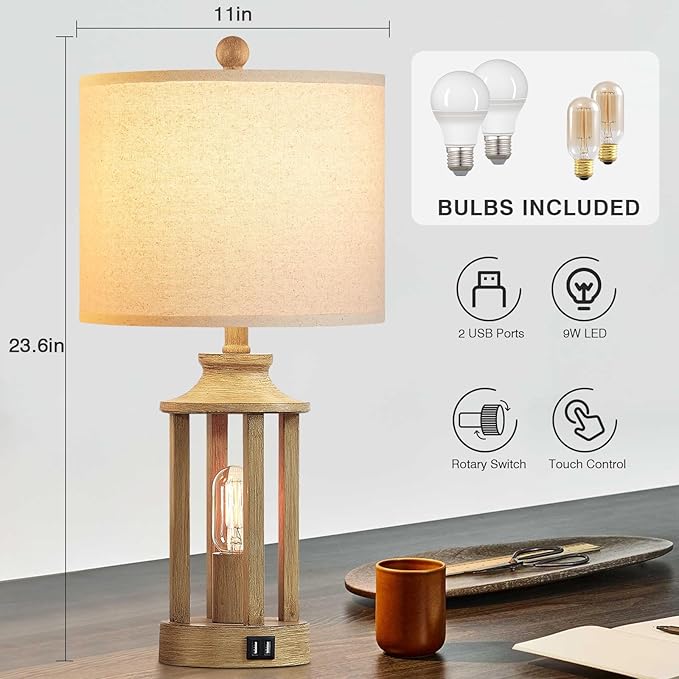 Touch Control Farmhouse Table Lamp Set of 2 with 2 USB Ports, 3 Way Dimmable Bedside Lamps with 2 LED Nightlight，Rustic Nightstand Lamps for Bedroom, Living Room Office (4 LED Bulbs Included)