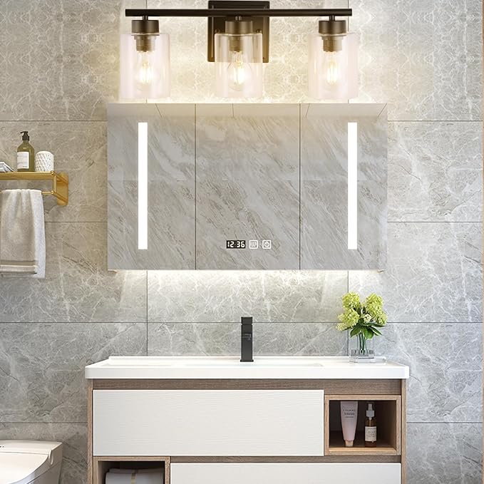 3 Light Bathroom Light Fixtures, 19.2 Inches Bathroom Lighting Fixtures Over Mirror, Black Vanity Light with Clear Glass Shades
