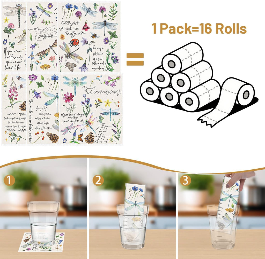 Dragonfly Swedish Dishcloths for Kitchen, 6 Pack Vintage Wildflower Reusable Paper Hand Dishing Towels Housewarming Gifts, Absorbent Dish Rags Decoration for Home Cooking Cleaning