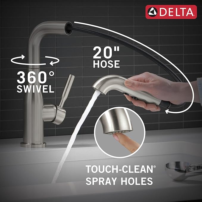 Delta Almari Brushed Nickel Kitchen Faucet with Pull-Out Sprayer, Modern Single Hole Kitchen Sink Faucet, Single Handle, Stainless 16943-SS-DST