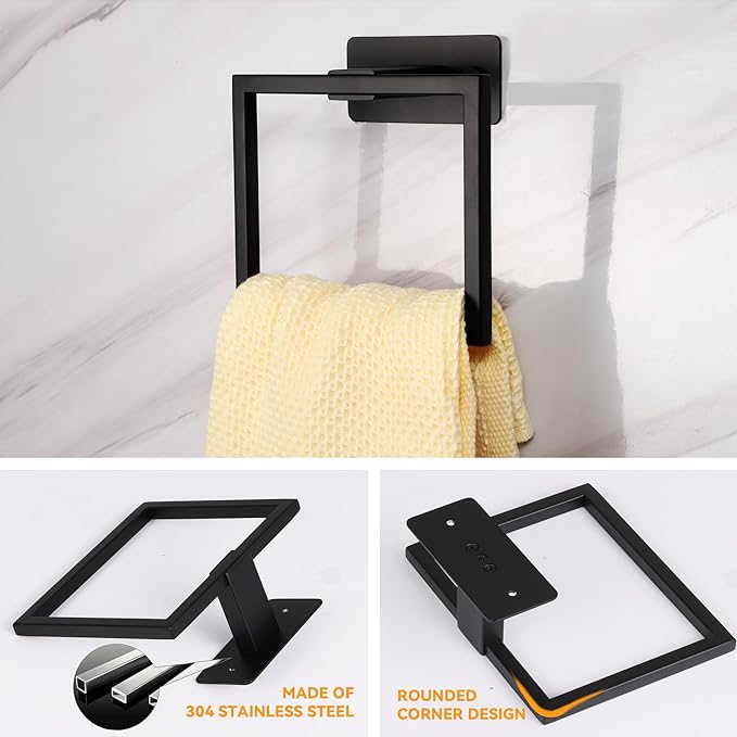 LANC Hand Towel Holder for Bathroom Wall Mount Matte Black Square Self Adhesive Hand Towel Rings for Bathroom Hardware Accessories Kitchen Toilet Stainless Steel Towel Hanger Racks, A8396MB