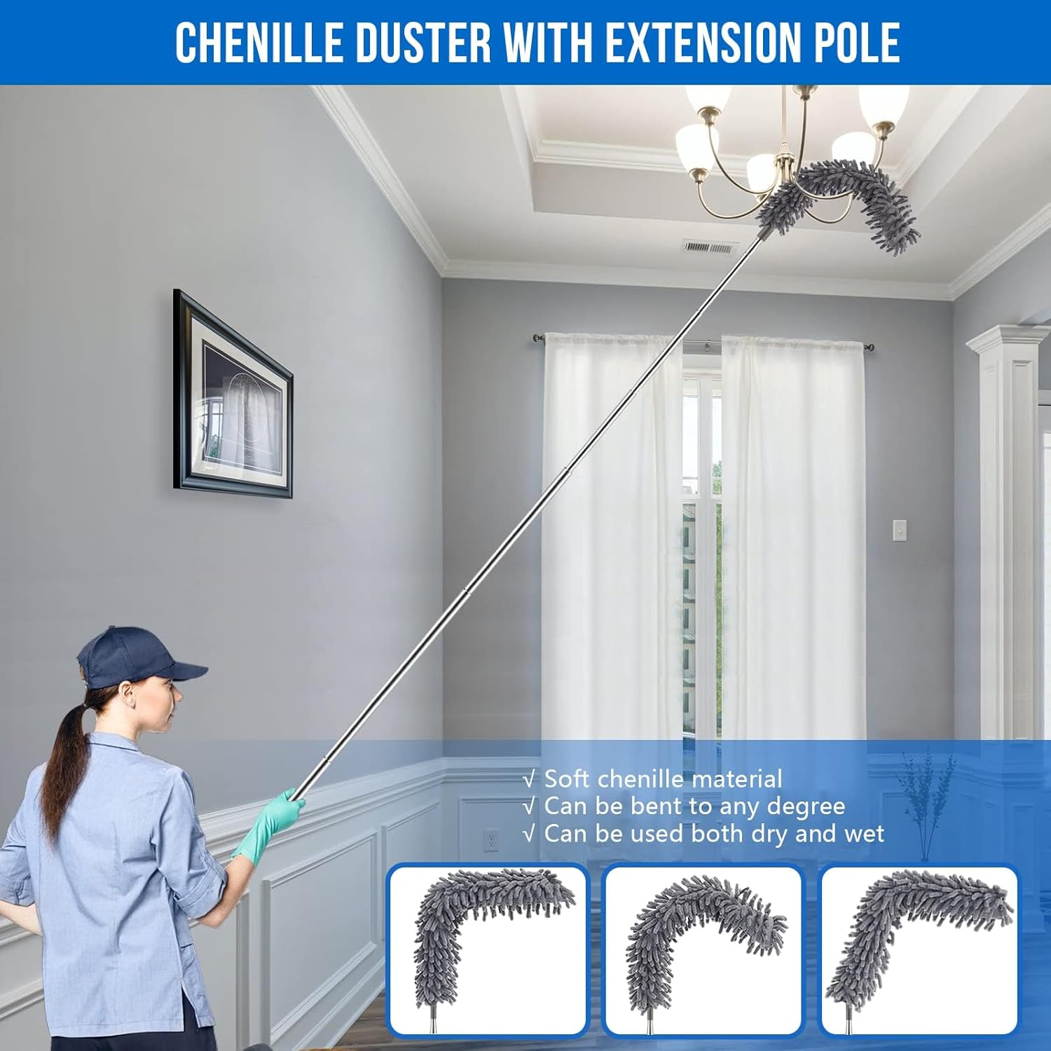 Microfiber Feather Duster 5-in-1 Kit for Dusting and Cleaning – 30–100" Extension Pole, Anti-Slip Grip, Bendable Washable Heads for Ceiling Fan, Furniture, Car (Blue)
