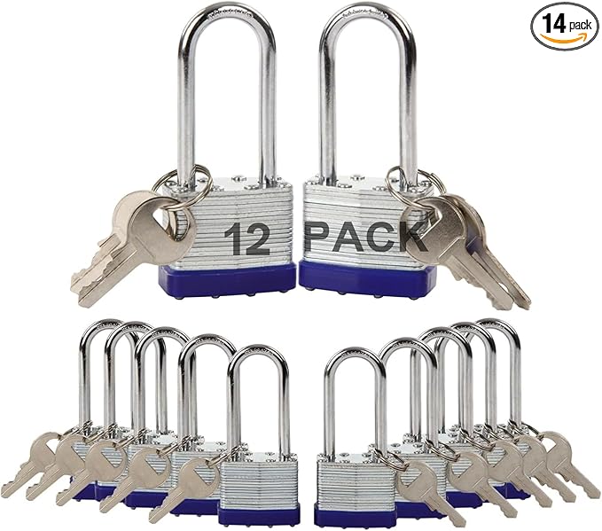 SEPOX® Lucky-12Pcs Set Keyed-Alike Laminated Steel Padlocks with Same-Key, Long-Shackle, 1-9/16" 40MM Heavy-Duty Padlock Body, 12Pcs of Locks with 28Pcs Key with Big Handle for Lockers-Lock, Fence