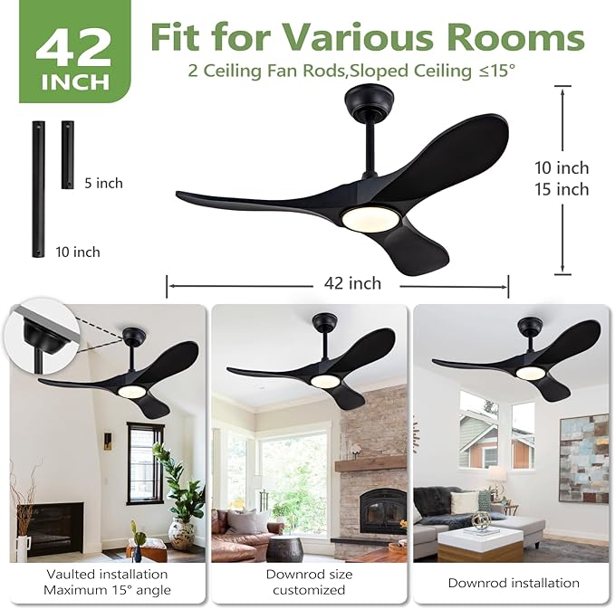 42-Inch Solid Wood Ceiling Fan with Lights, Remote Control, Dimmable, Reversible, Wood Blades, Power-Off Memory, Quiet DC Motor – Modern Black Ceiling Fan for Living Room, Bedroom, Patio