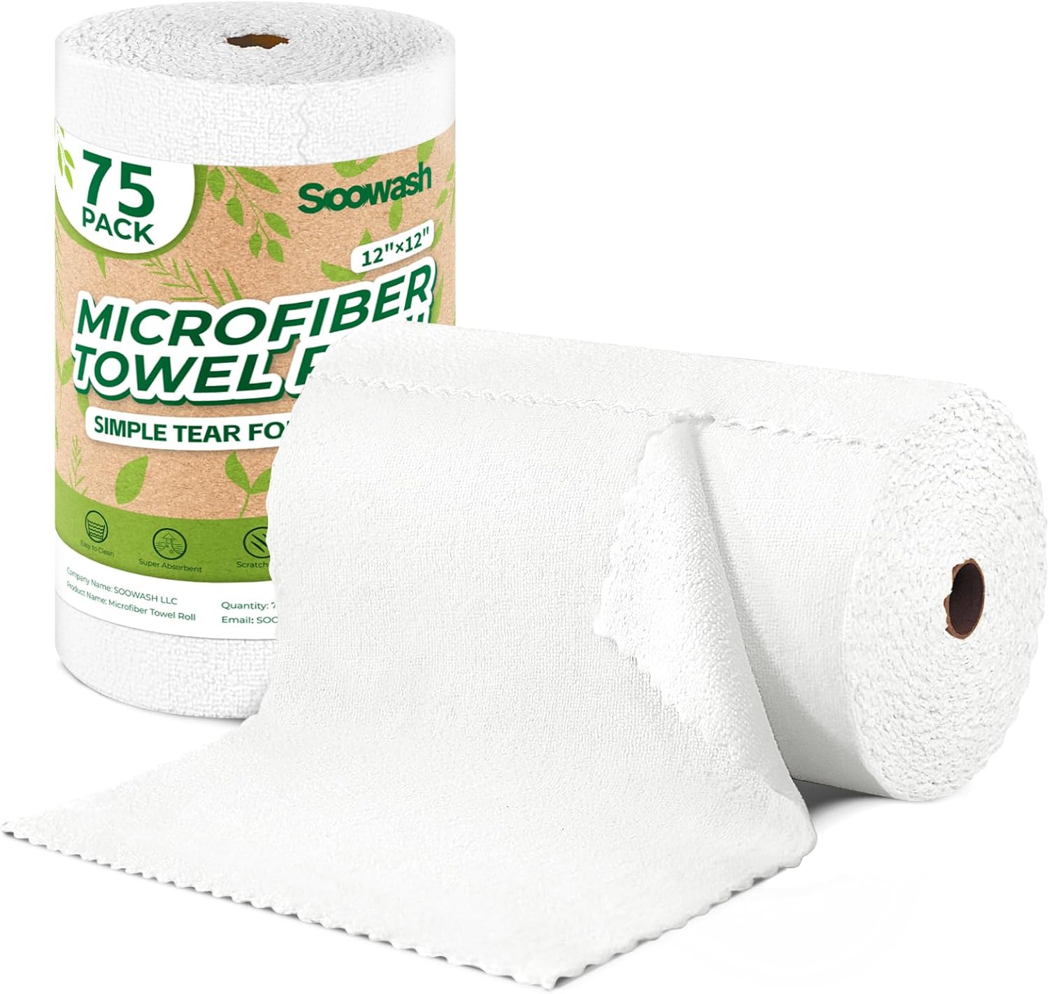 Microfiber Cleaning Cloths Roll, 75 Pack Tear Away Microfiber Towels Roll, 12" x 12" Lint Free Rags, Reusable Cleaning Cloths, Washable, Scratch Free,Ultra Absorbent Dish Rags(White)